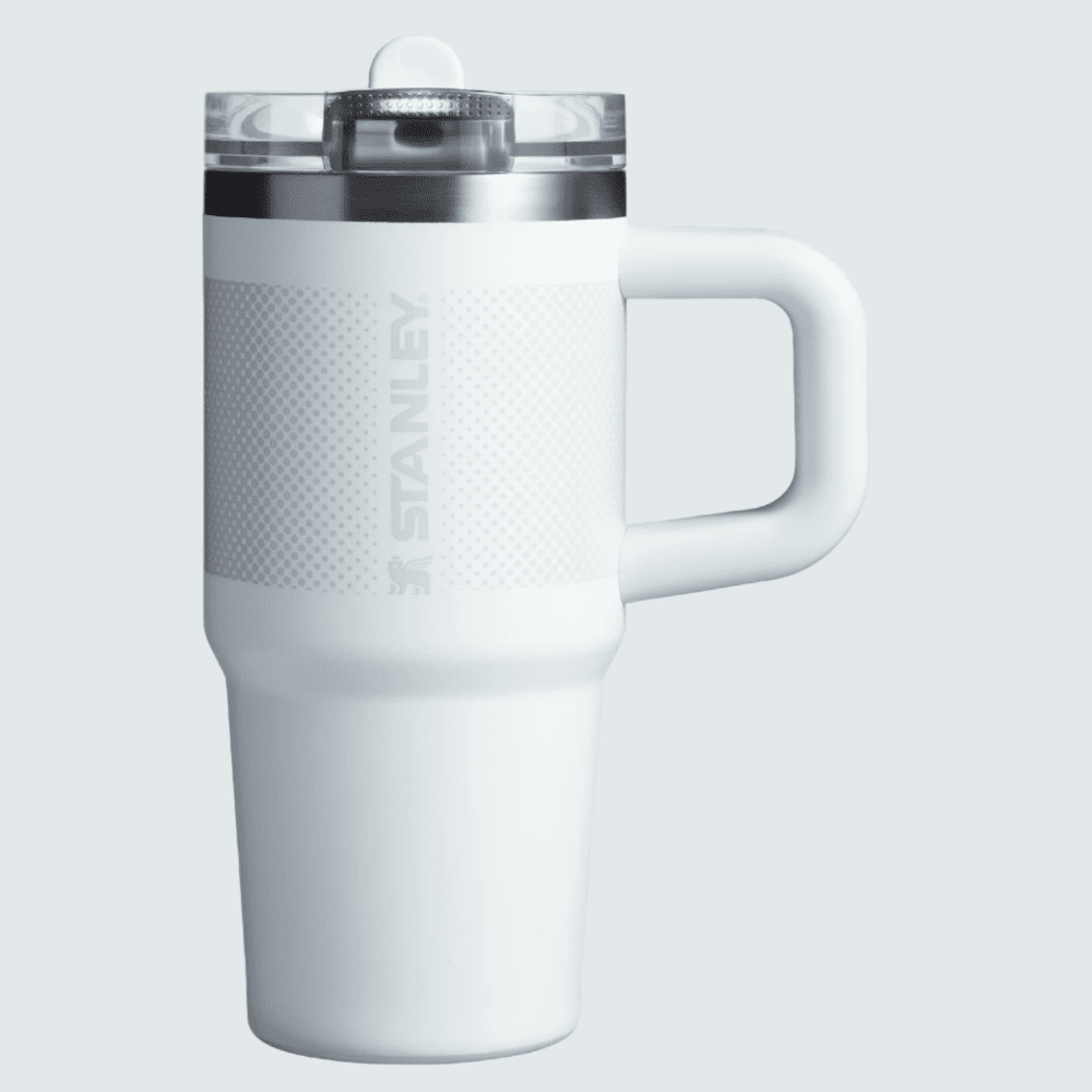 Stanley The Quencher Protour Flip Straw Tumbler 14 oz white with handle and clear flip-lid straw in use