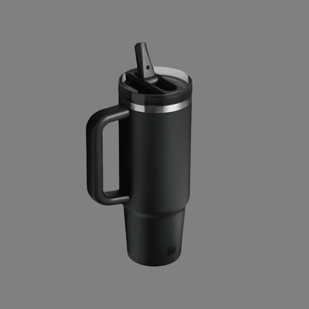 Stanley Quencher ProTour Flip Straw Tumbler 30 oz in black with handle, flip straw lifted for use.