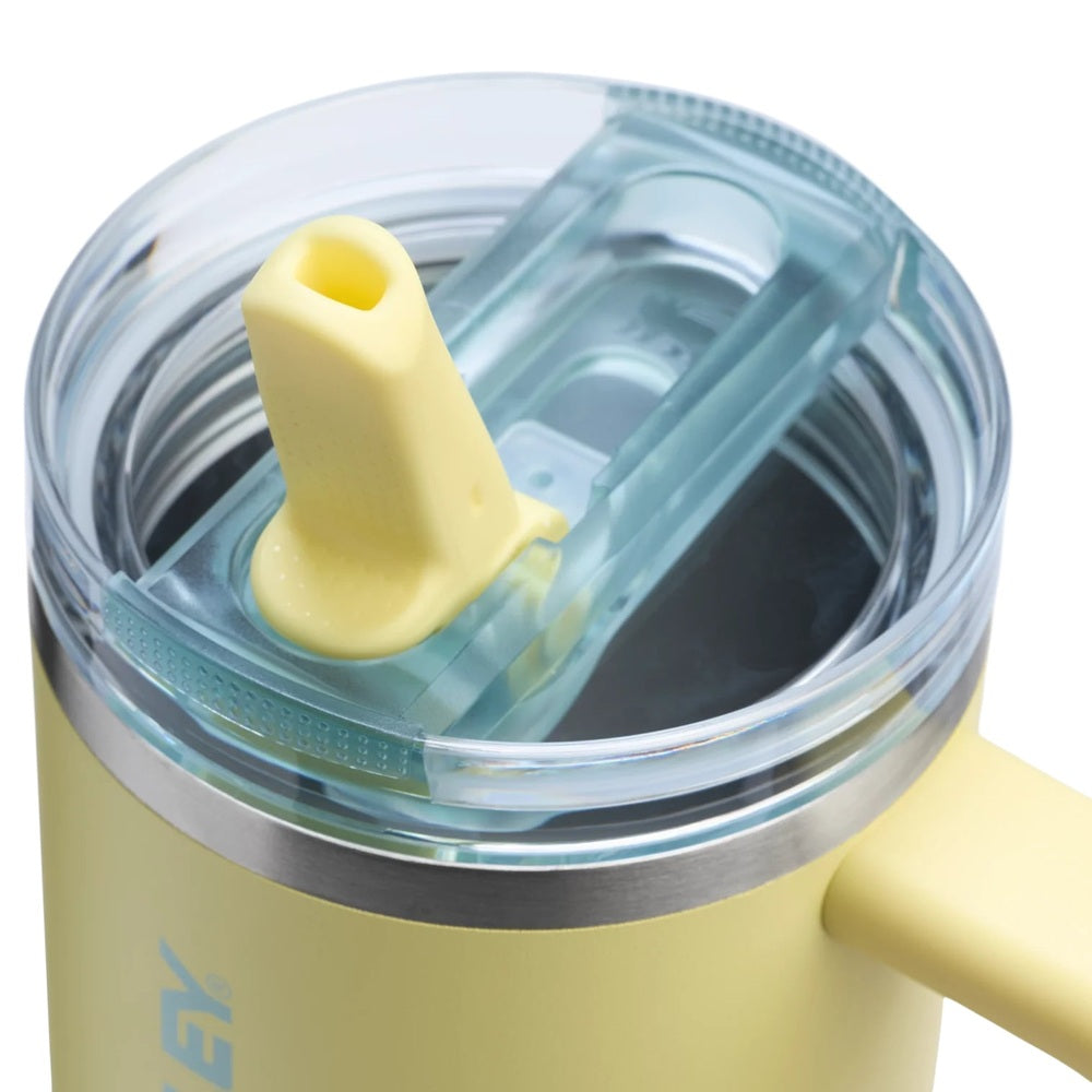 Stanley The Quencher Protour Flip Straw Tumbler 30 oz, yellow body with the yellow flip-straw lid opened.