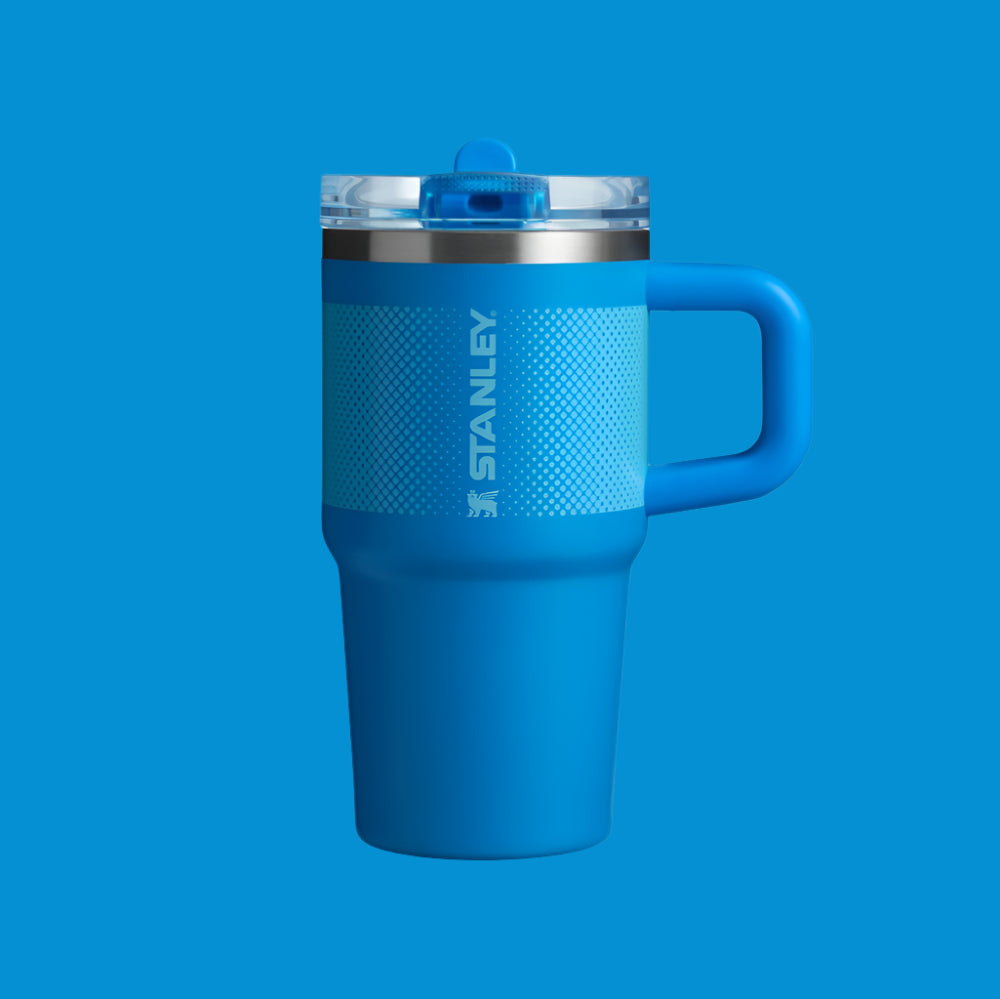Stanley Quencher ProTour Flip Straw Tumbler 20 oz blue with extended handle and clear lid