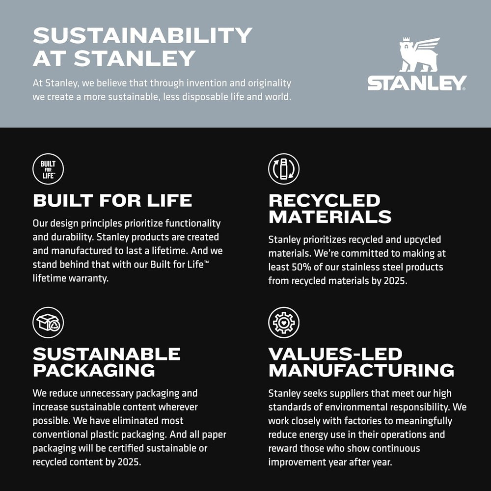 STANLEY Quick Flip GO Bottle 24 oz amid a bold sustainability infographic highlighting built-for-life, recycled materials.