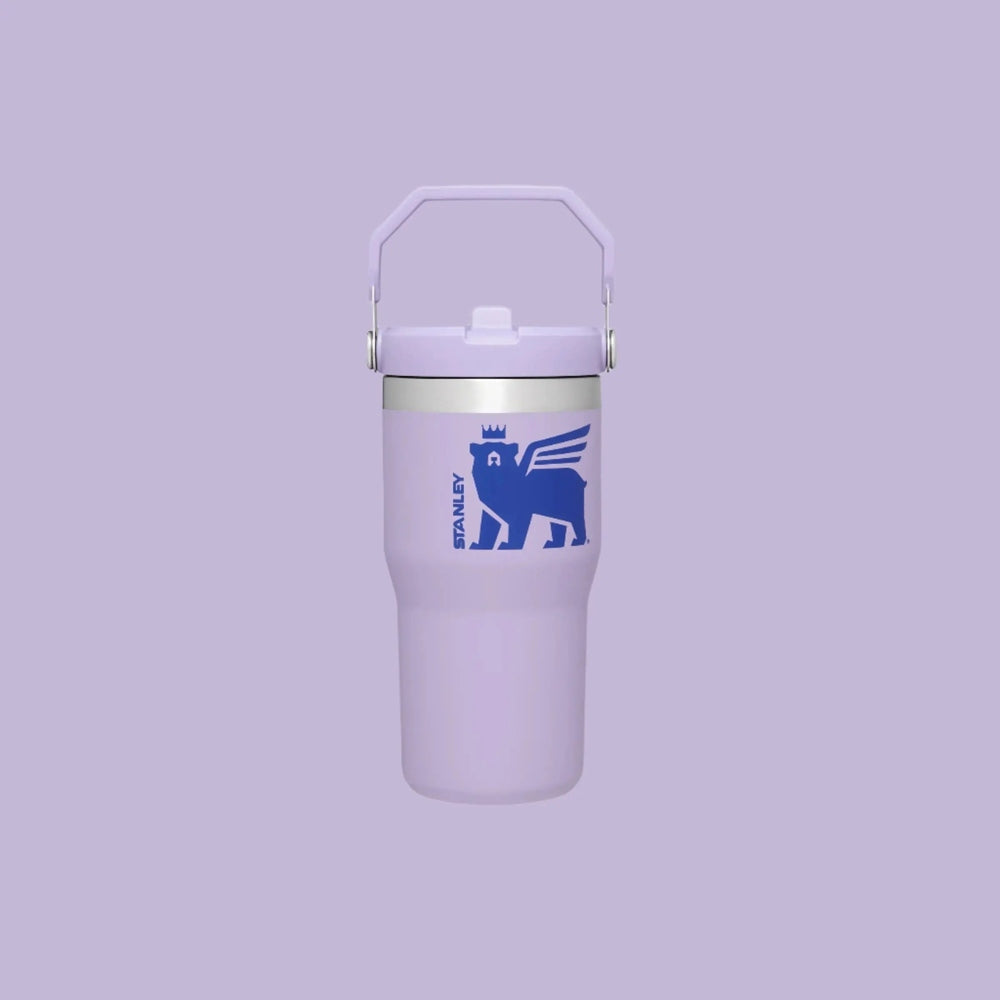 Stanley The Wild Imagination Iceflow Flip Straw Tumbler 20 oz lavender with blue logo and built-in carry handle