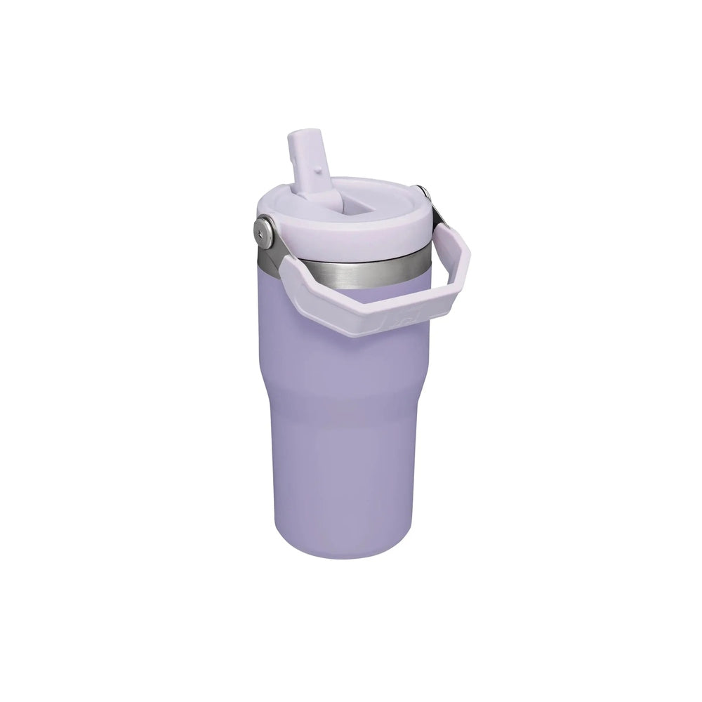 STANLEY The Wild Imagination Iceflow Flip Straw Tumbler 20 oz lavender with white lid, side handle, flip straw ready.