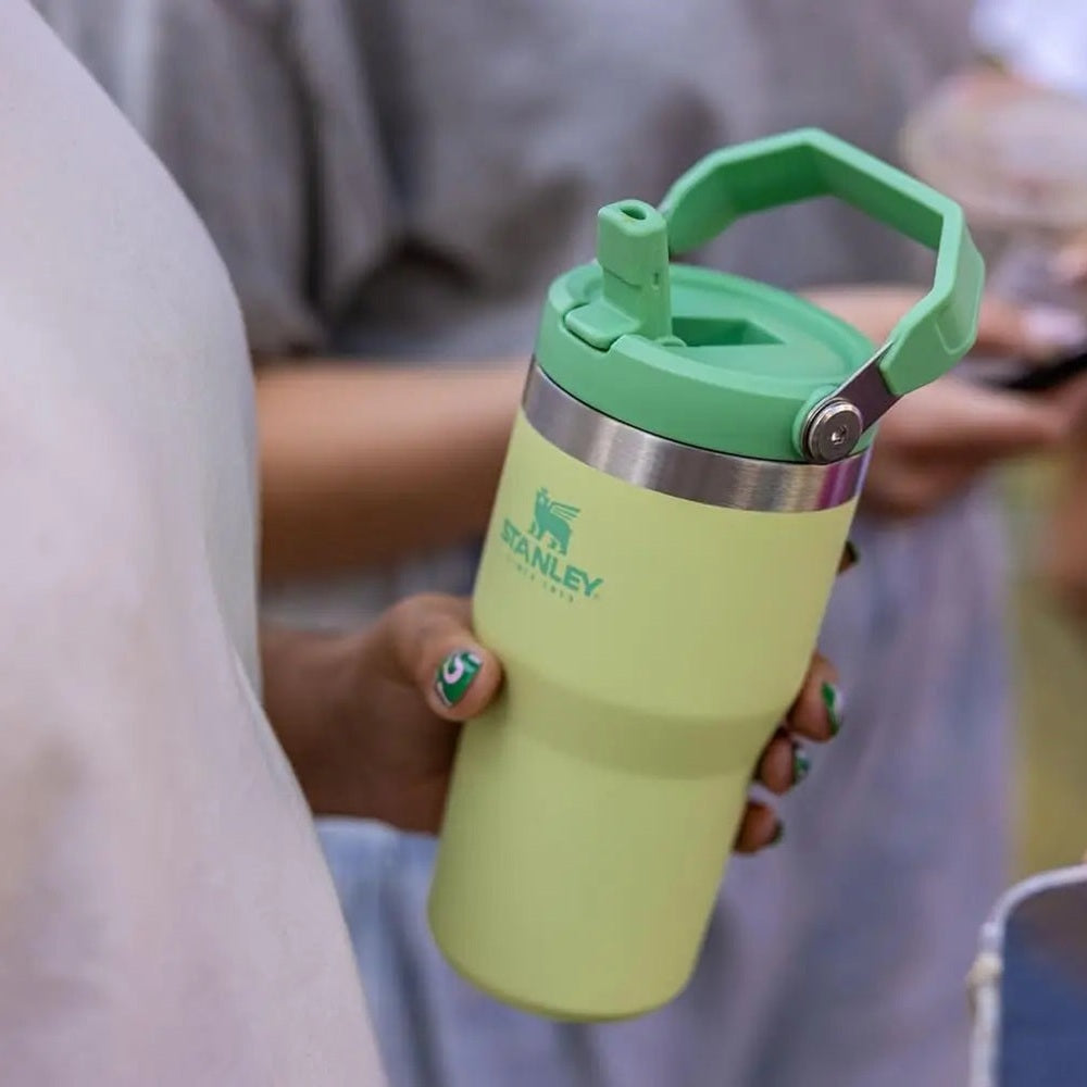 Stanley The Wild Imagination Iceflow Flip Straw Tumbler 20 oz in lime green, showing its built-in flip straw and handle.
