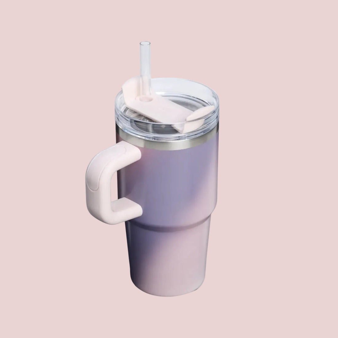 A lavender and light pink gradient insulated travel tumbler with a handle, clear lid, and straw, shown on a solid white background.