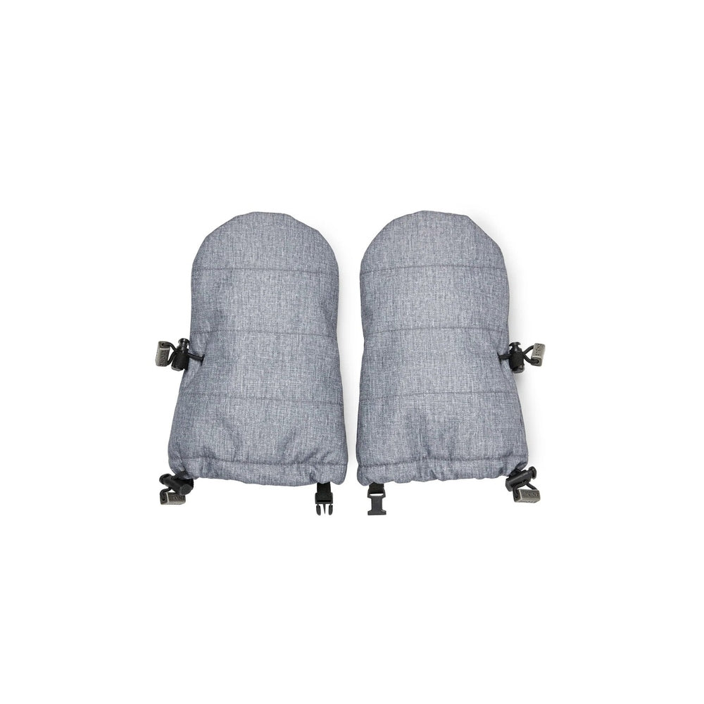 Stonz Baby Mitts Heather Grey; insulated toddler gloves with clips, shown side-by-side with cuffs secured by clips.