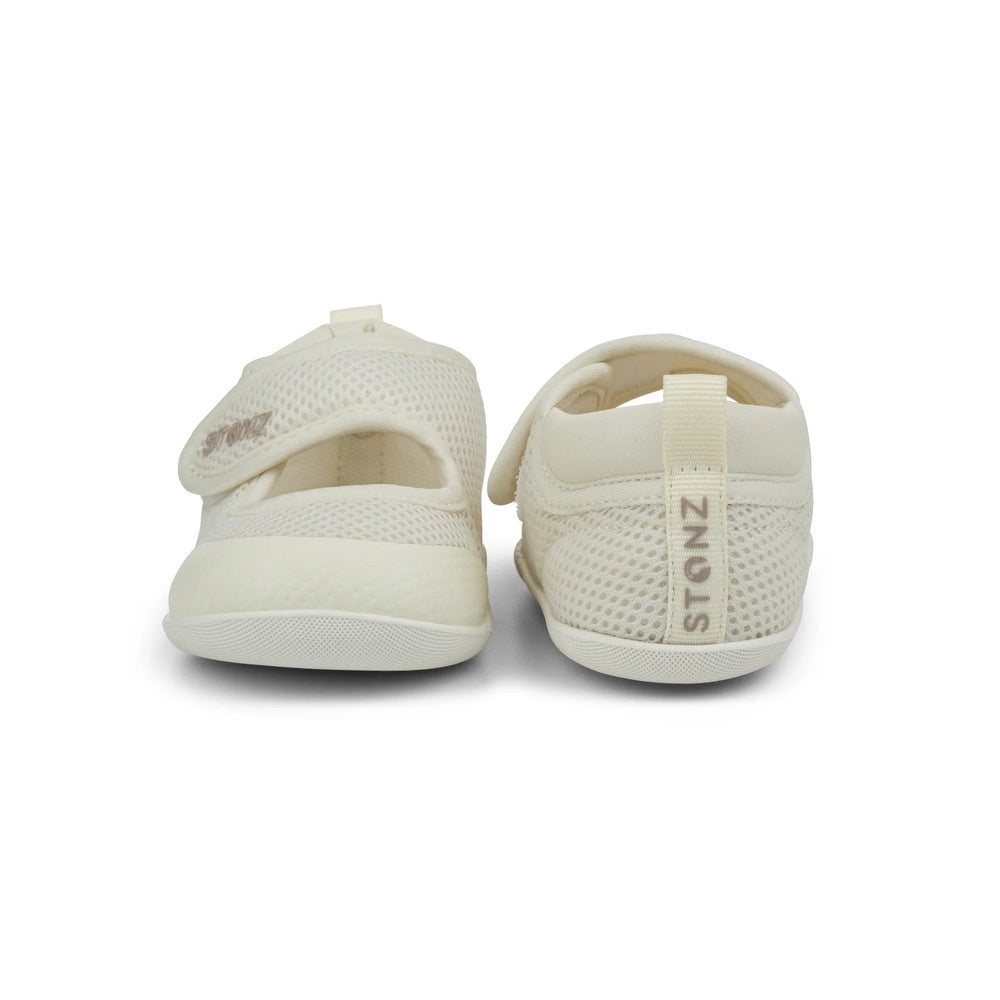 Stonz Cruiser Mary Jane Baby Shoes Ivory — ivory mesh pair with Velcro straps, shown front view.