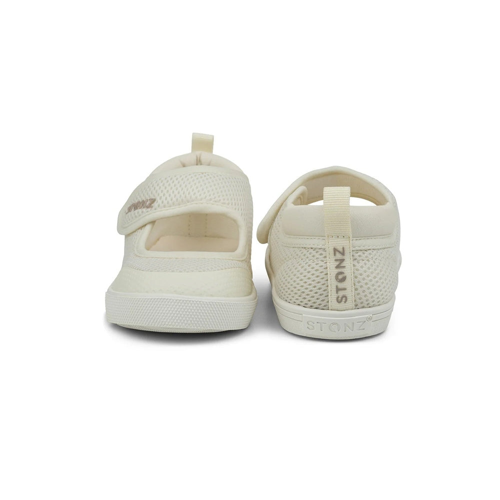 Stonz Cruiser Mary Jane Toddler Shoes Ivory, Velcro strap shown fastened over breathable mesh upper.