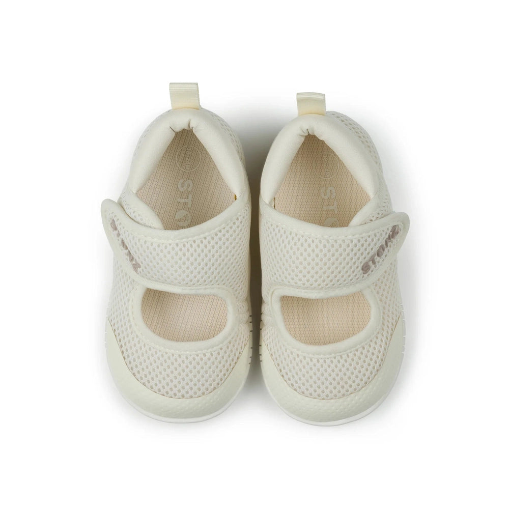 Stonz Cruiser Mary Jane Toddler Shoes Ivory: pair of breathable mesh shoes with Velcro straps shown side by side.