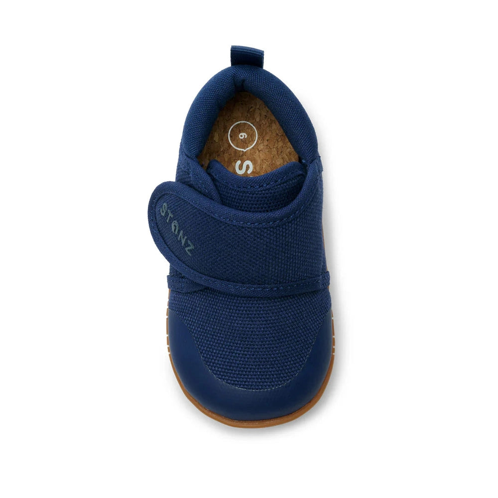 Stonz Cruiser Natural Baby Shoes Navy with Velcro strap and cork insole.