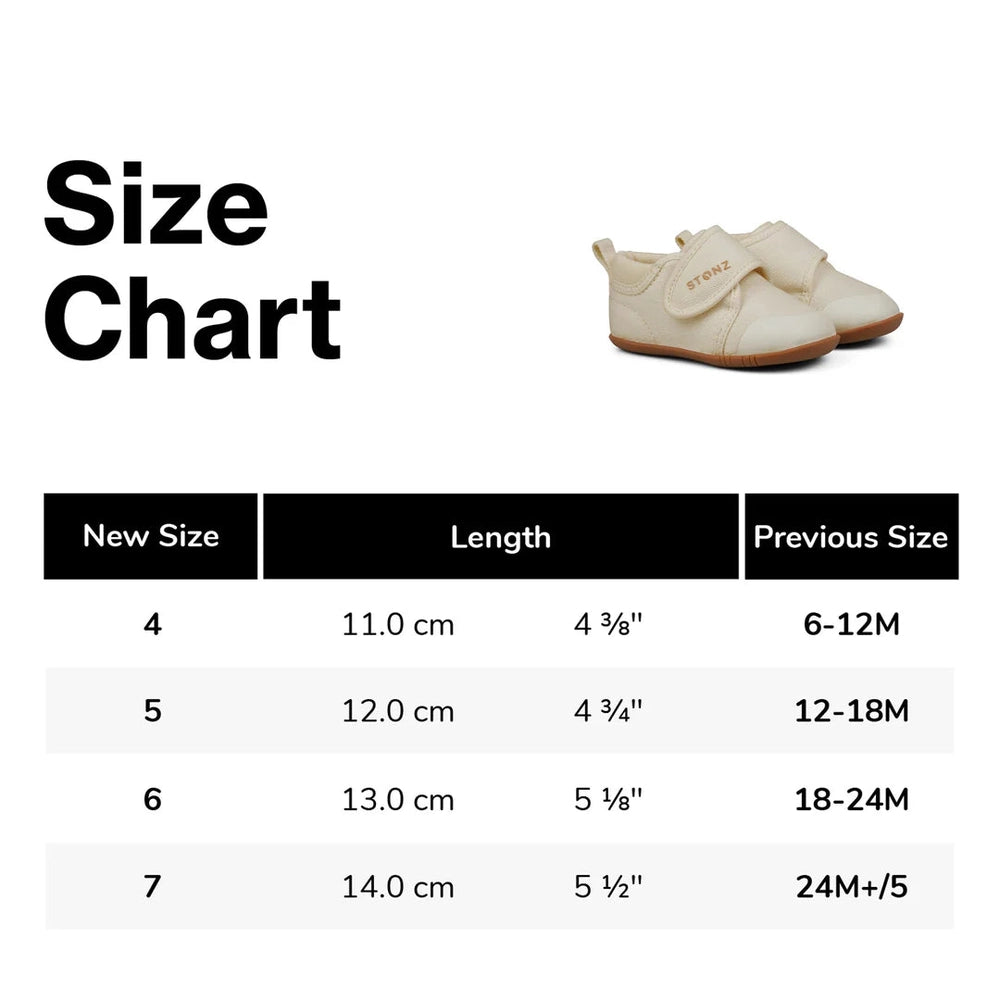 Stonz Cruiser Natural Baby Shoes Navy beside a three-column size chart showing new size, length, and previous size.
