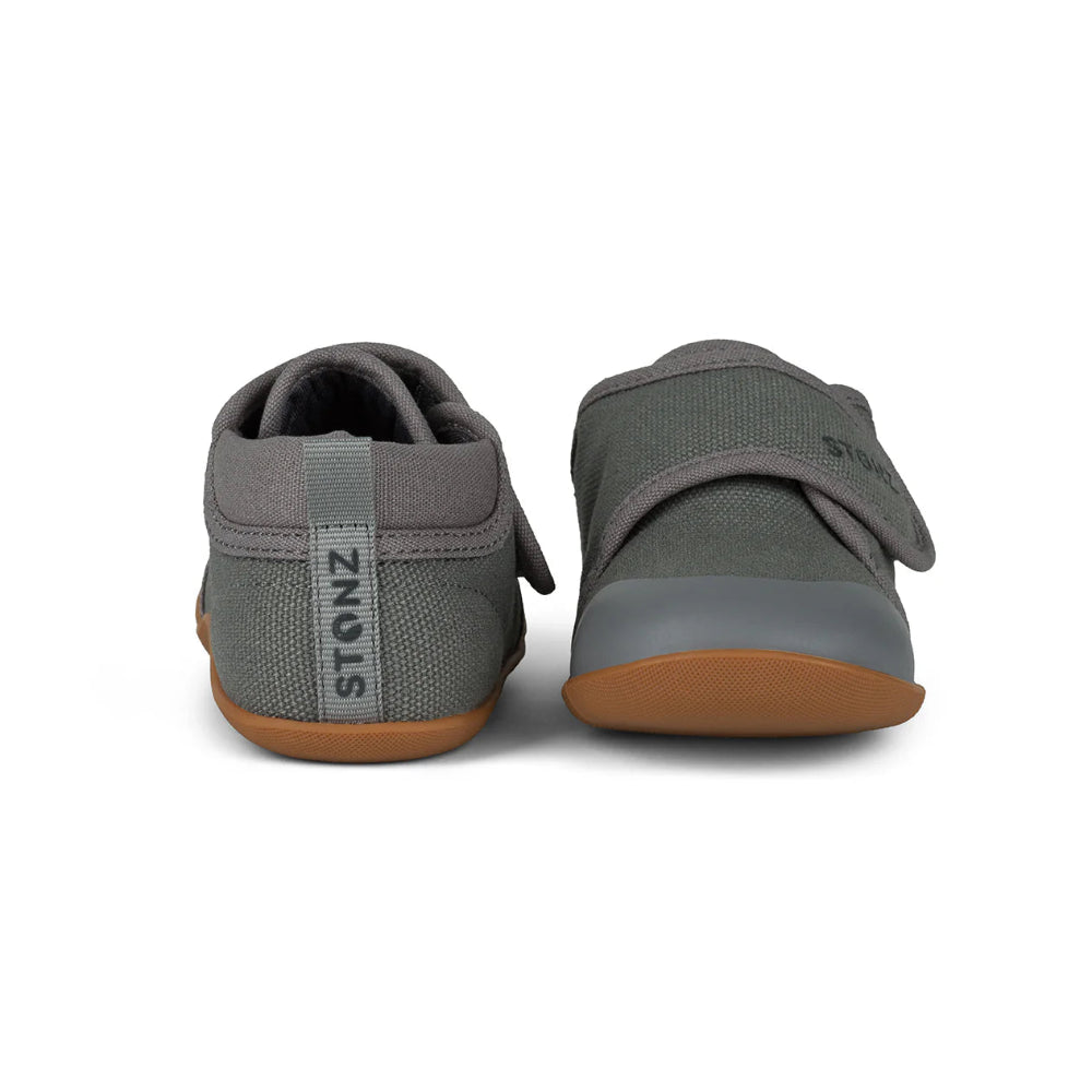 Stonz Cruiser natural baby shoes, gray olive canvas with orange sole, pair shown