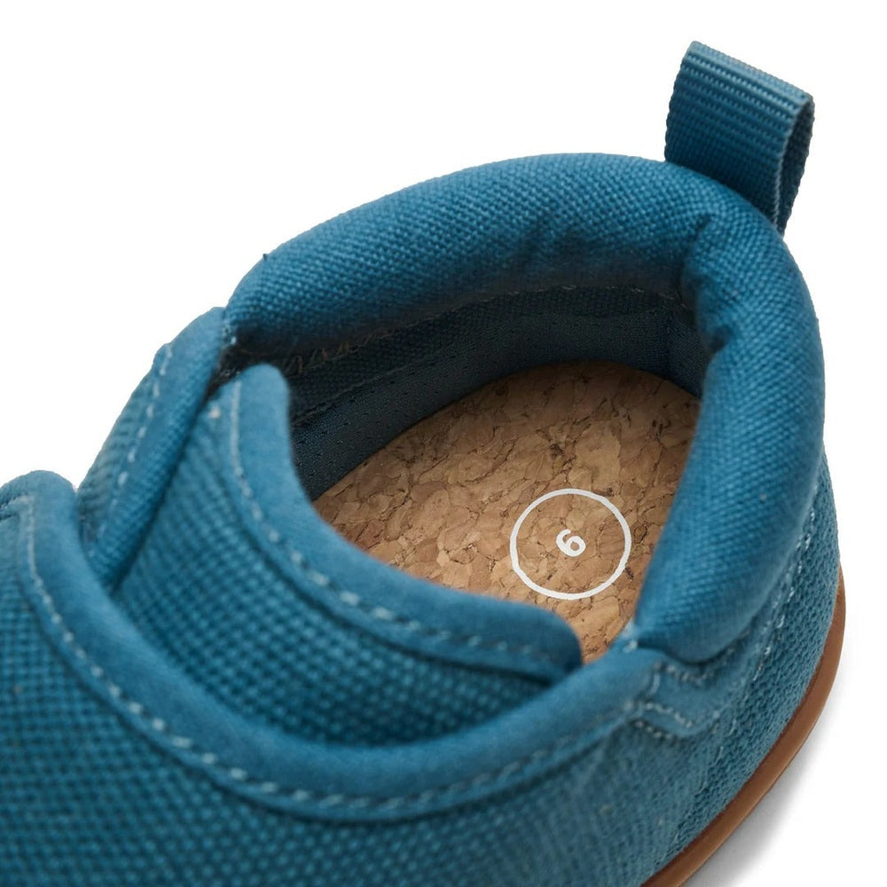 Stonz Cruiser Natural Toddler Shoes Denim: blue denim sneakers with pull-tab and cork insole visible inside, size 6
