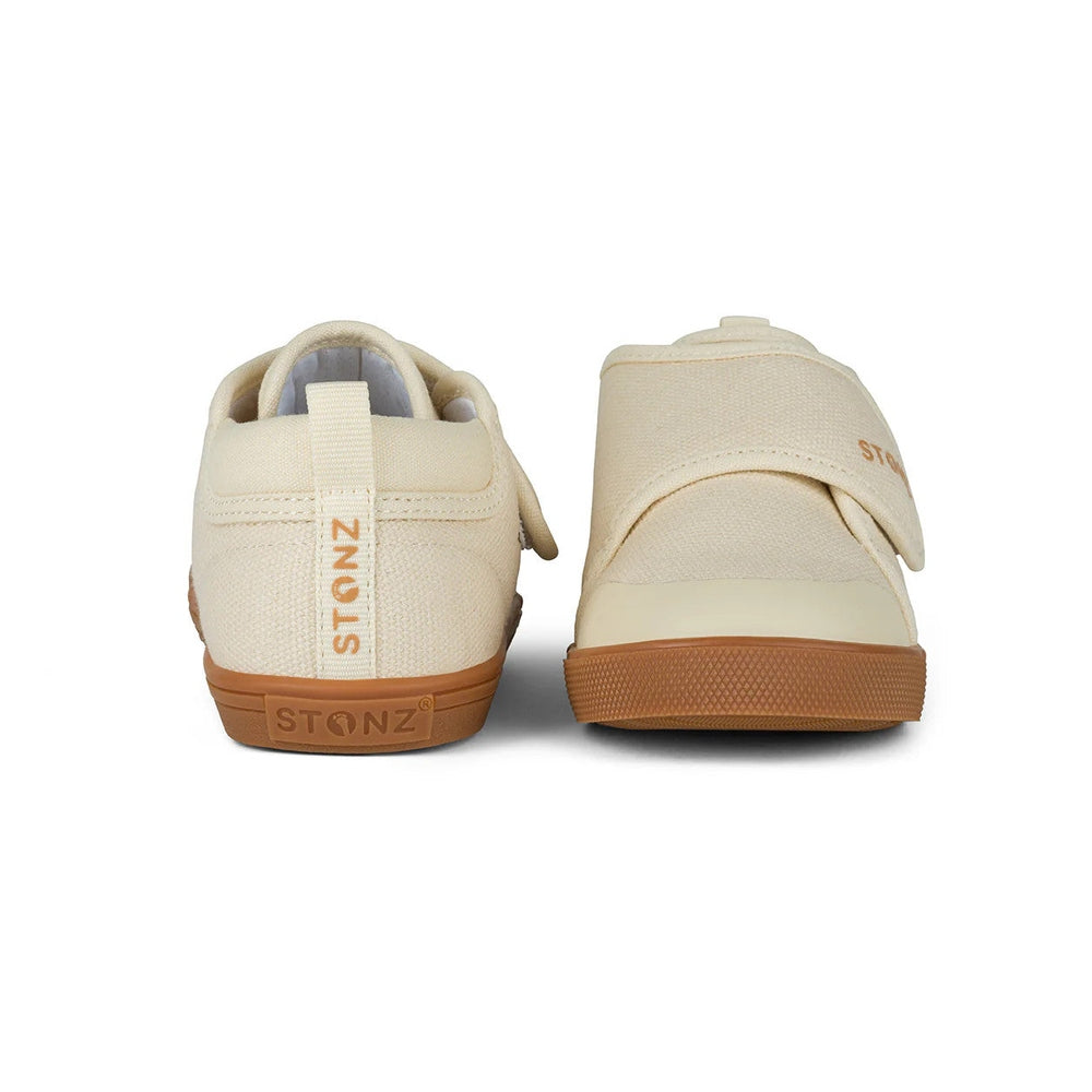STONZ Cruiser Natural Toddler Shoes Oatmeal with brown outsole; Velcro strap shown fastened for easy wear.
