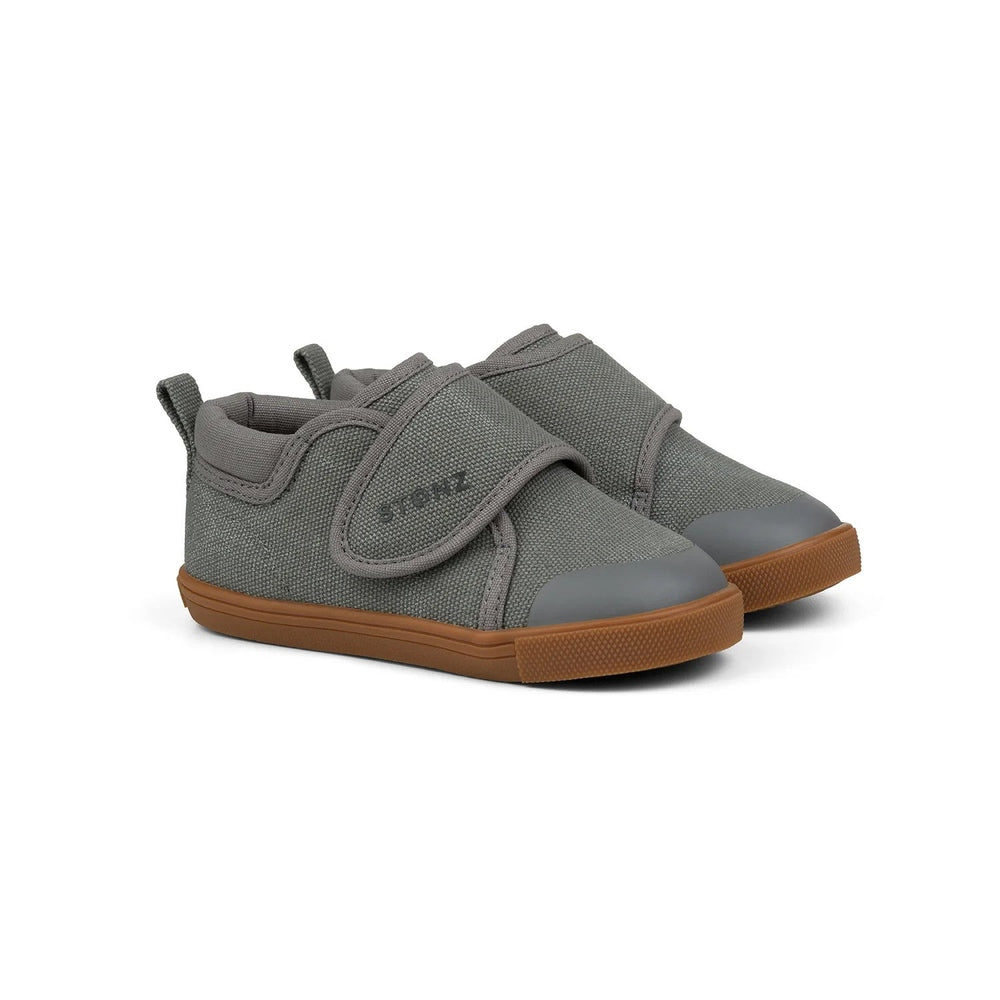 Stonz Cruiser Natural Toddler Shoes Steel, gray fabric with brown rubber sole; pair with Velcro straps.