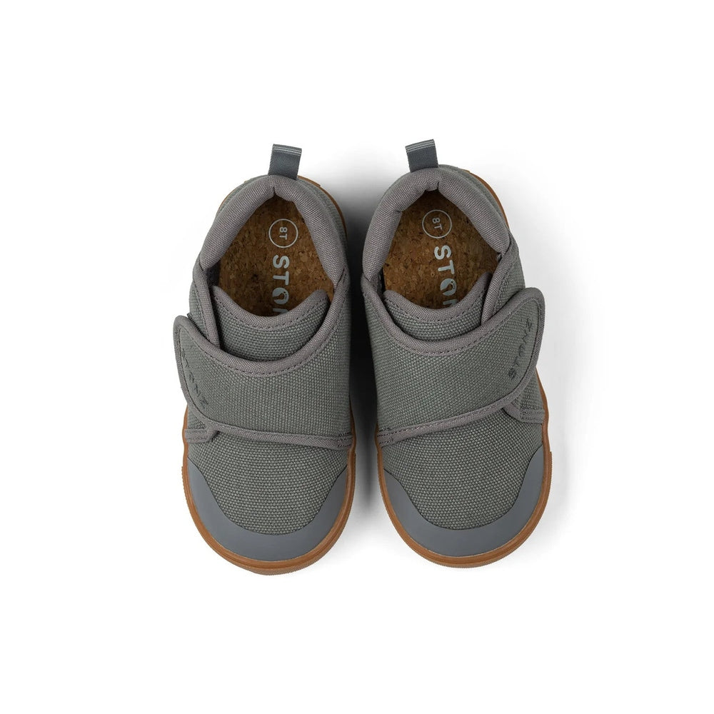 Stonz Cruiser Natural Toddler Shoes Steel, gray fabric with cork insoles, pair of toddler shoes.