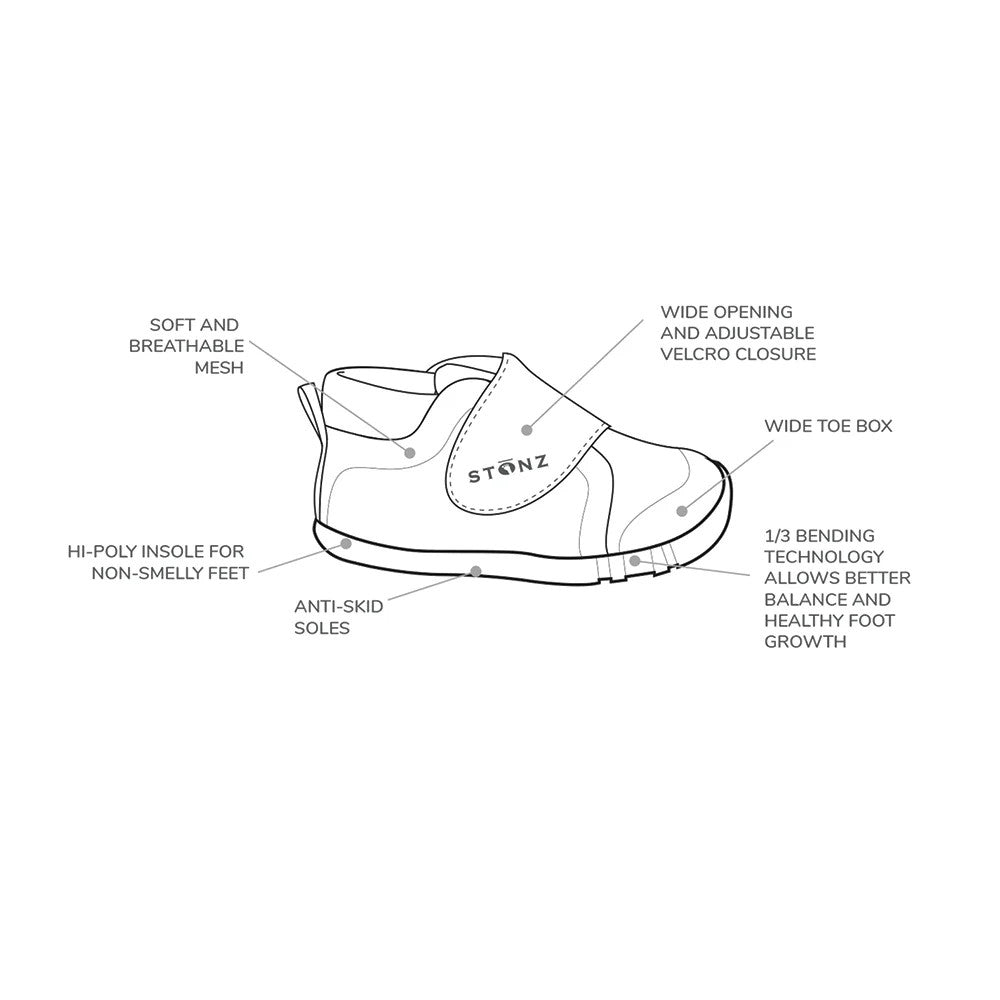 Stonz Cruiser Original Baby Shoes Black; toddler’s foot slides in through a wide opening with Velcro closure, breathable mesh, anti-skid soles