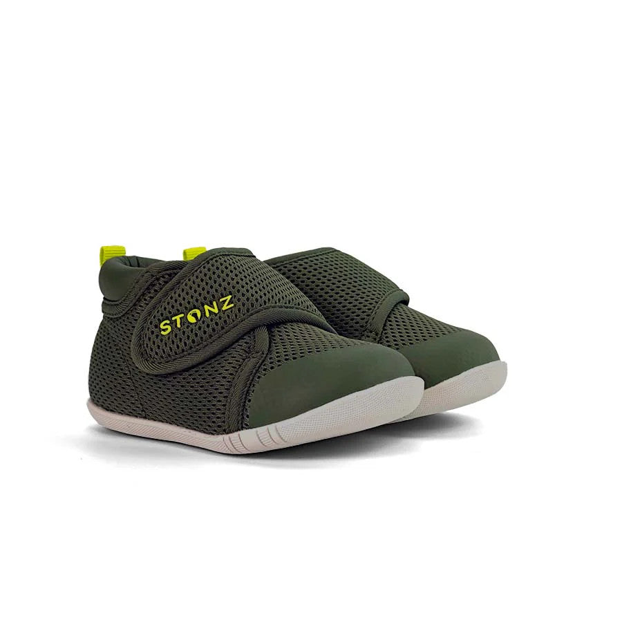 Stonz Cruiser Original Baby Shoes Cypress, olive green mesh with Velcro straps fastened for easy secure fit.