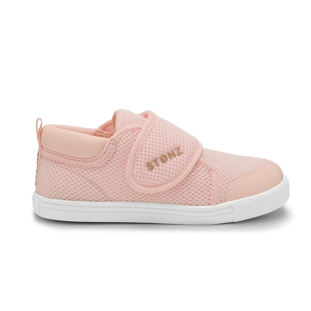 Stonz Cruiser Original Baby Shoes Haze Pink, pink mesh upper with Velcro strap and white sole, toddler ready to walk.