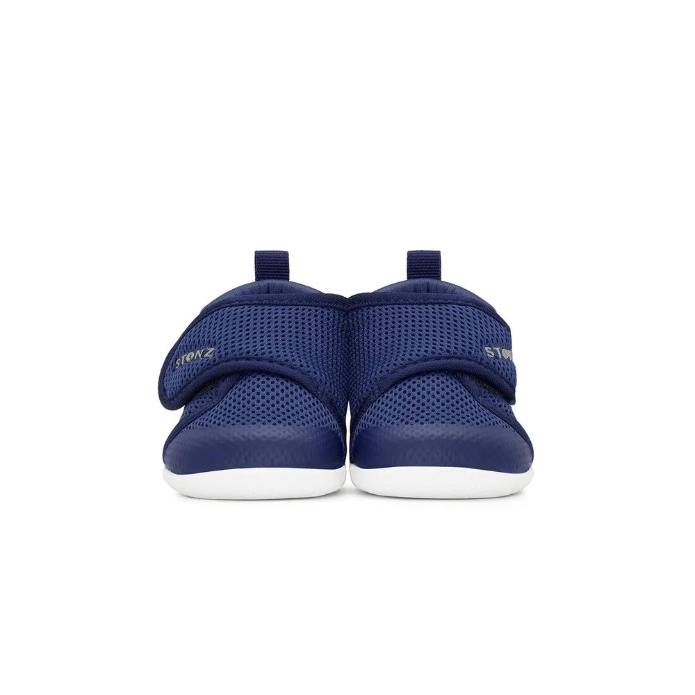 Stonz Cruiser Original Baby Shoes Navy with mesh upper and white sole, shown from front with dual Velcro straps.