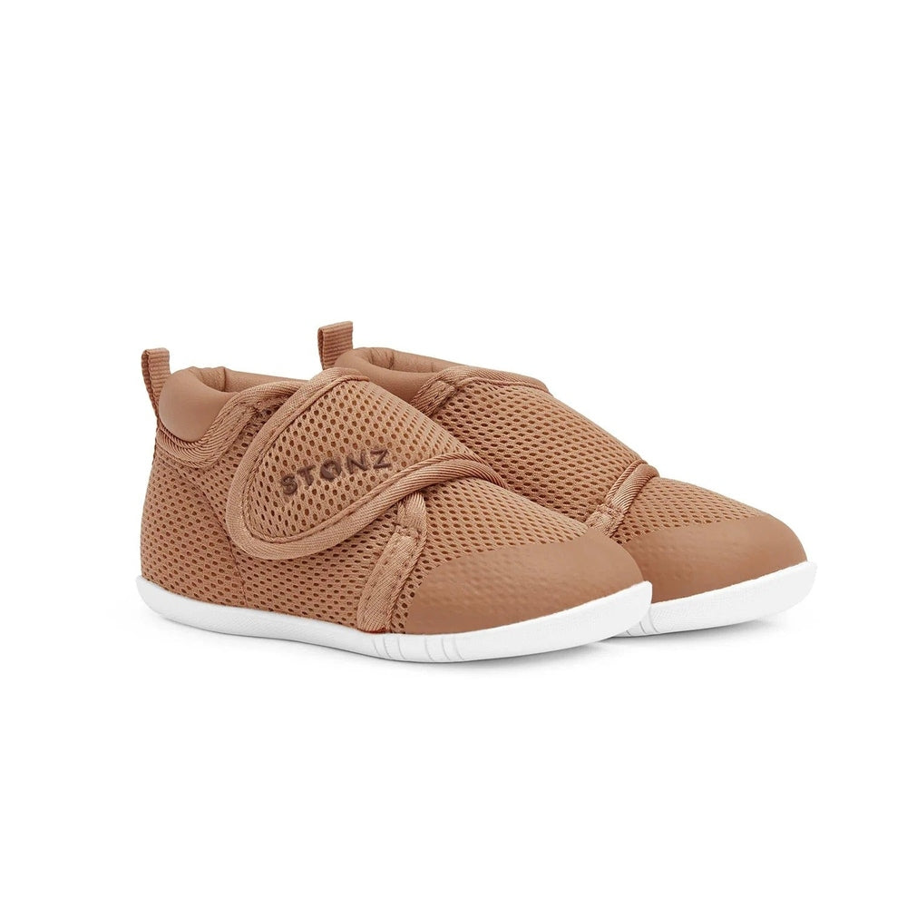 Stonz Cruiser Original Toddler Shoes Camel with breathable mesh and Velcro straps, ready for first steps.