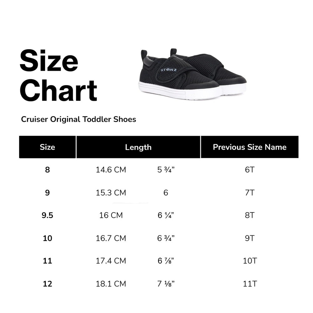 Stonz Cruiser Original Toddler Shoes Dusty Rose shown beside a bold size chart, black mesh toddler shoes.