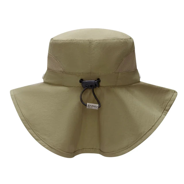 Stonz Explorer Hat Olive, wide-brim toddler hat with adjustable drawstring and logo tag