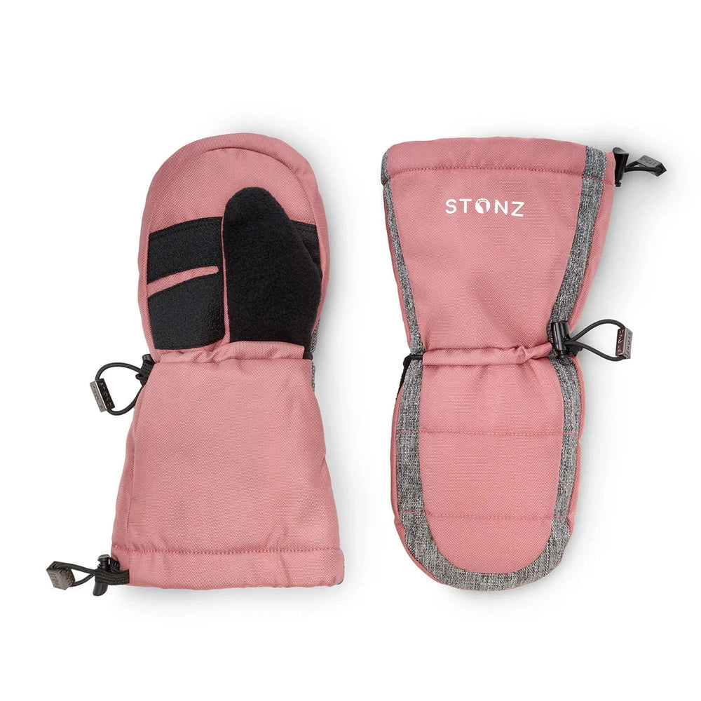 STONZ Stonz Kids Mitts Dusty Rose + Heather Grey; pink toddler mitts with black grip palm and adjustable cuffs