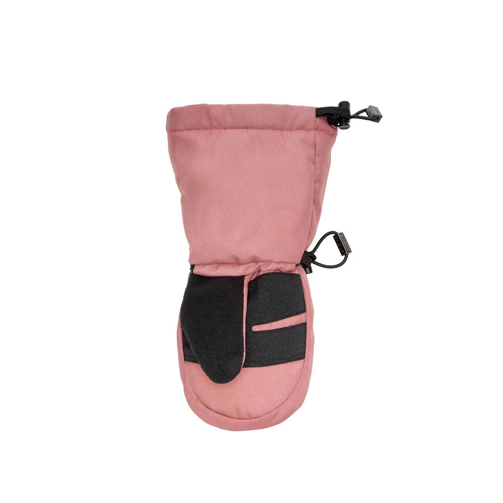 Stonz Kids Mitts Dusty Rose + Heather Grey: pink toddler gloves with black palm patch and adjustable drawcord.