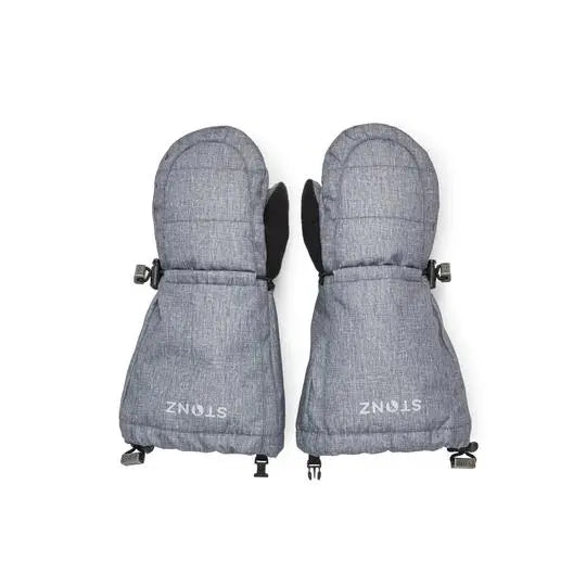 Stonz Kids Mitts Heather Grey, kid-sized winter mittens with adjustable toggles, laid flat