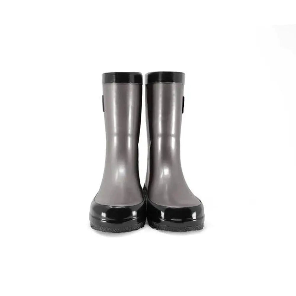 Stonz Rain Boots Metallic Grey for kids, two boots standing side by side with black toe caps and soles.