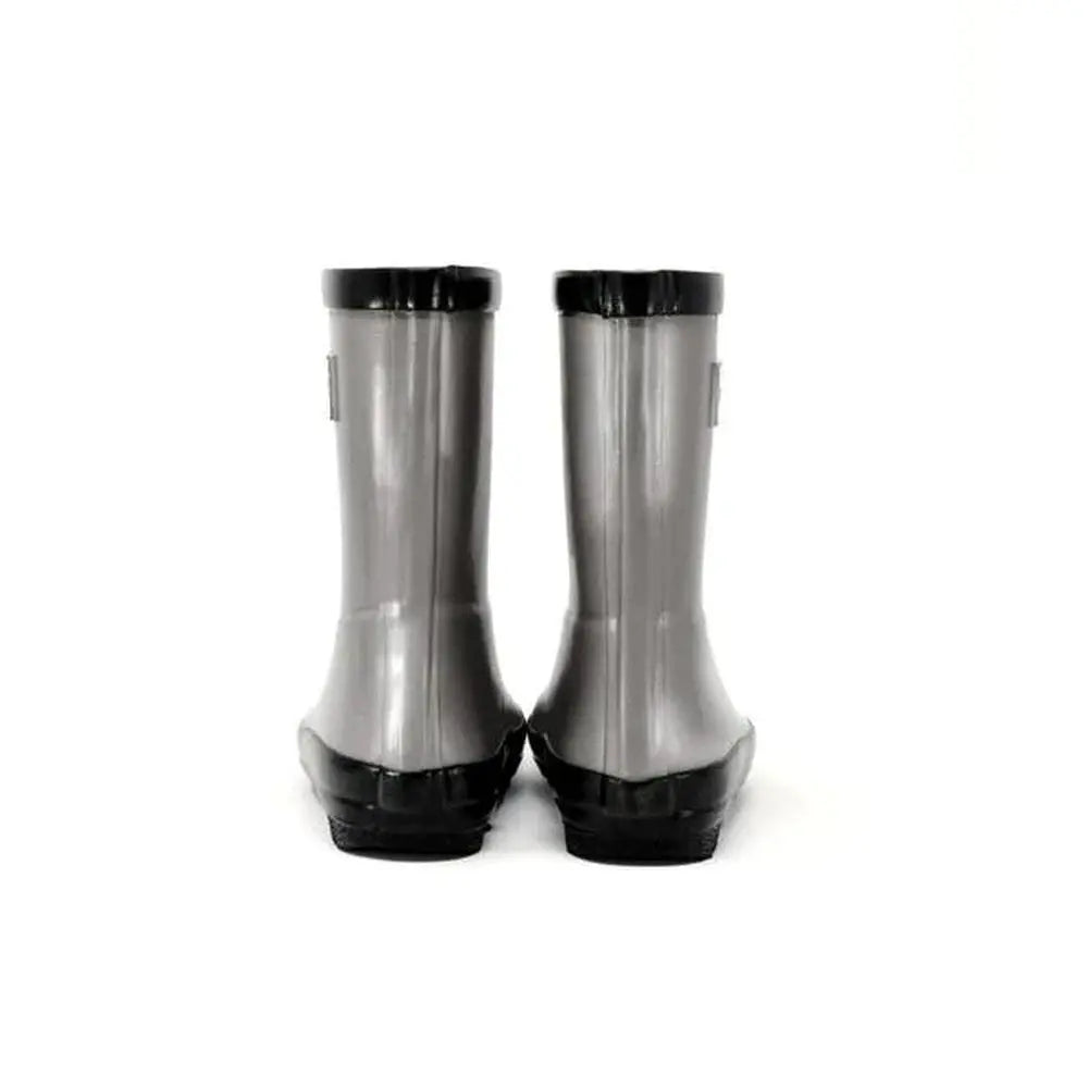 Stonz Rain Boots Metallic Grey pair shown from back with black soles, waterproof footwear.
