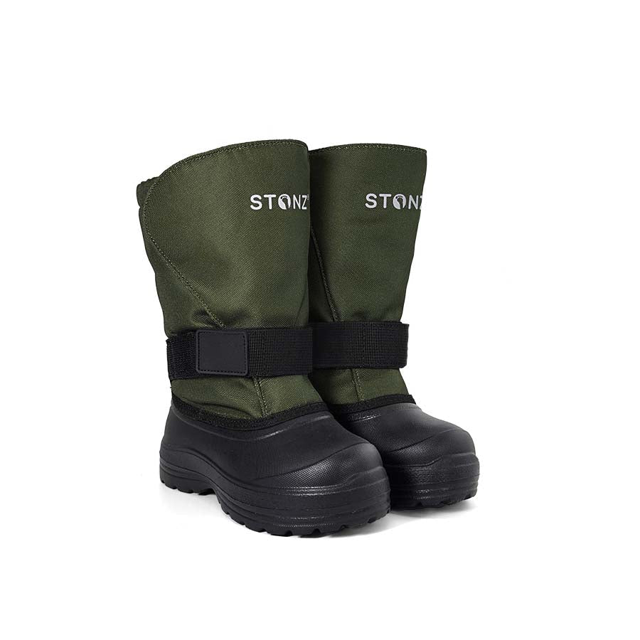 Stonz Trek Kid Snow Boots Cypress green with black strap secured, rugged rubber sole for winter.
