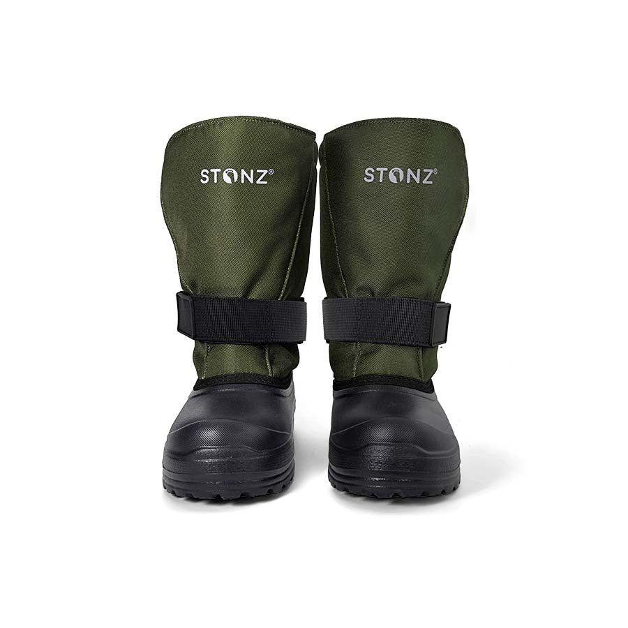 Stonz Trek Kid Snow Boots Cypress pair with olive-green upper, black straps, and rugged soles.