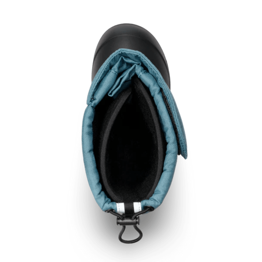 Stonz Trek Kid Snow Boots Denim, denim exterior with teal padded opening; heel loop and pull tab for easy on.