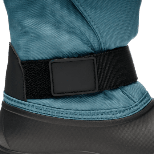 STONZ Trek Kid Snow Boots Denim in teal with black adjustable strap secured by Velcro.