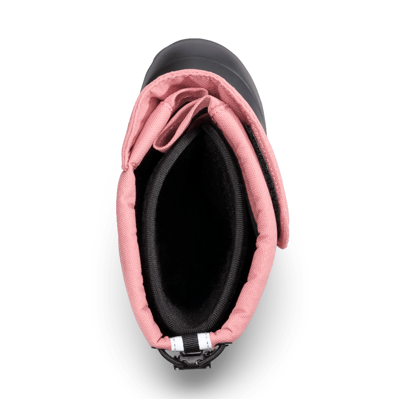 STONZ Trek Kid Snow Boots Dusty Rose, pink padded upper with black lining and gray toe cap.