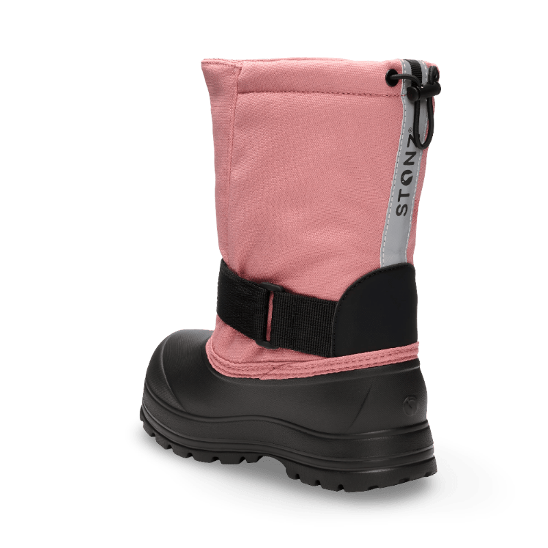Stonz Trek Kid Snow Boots Dusty Rose, pink upper with black rugged sole and adjustable strap, ready for icy terrain.