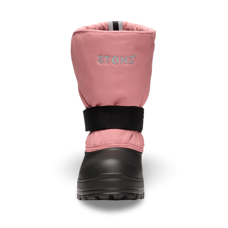 Stonz Trek Kid Snow Boots Dusty Rose, pink upper with black strap cinching for secure fit.