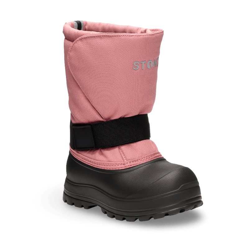 Stonz Trek Kid Snow Boots Dusty Rose, pink kids' winter boots with black sole and adjustable strap.