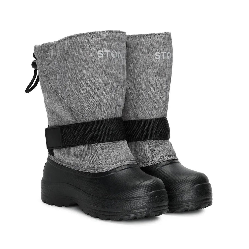Stonz Trek Kid Snow Boots Heather Grey with black rubber outsole; adjustable strap fastened for secure fit.