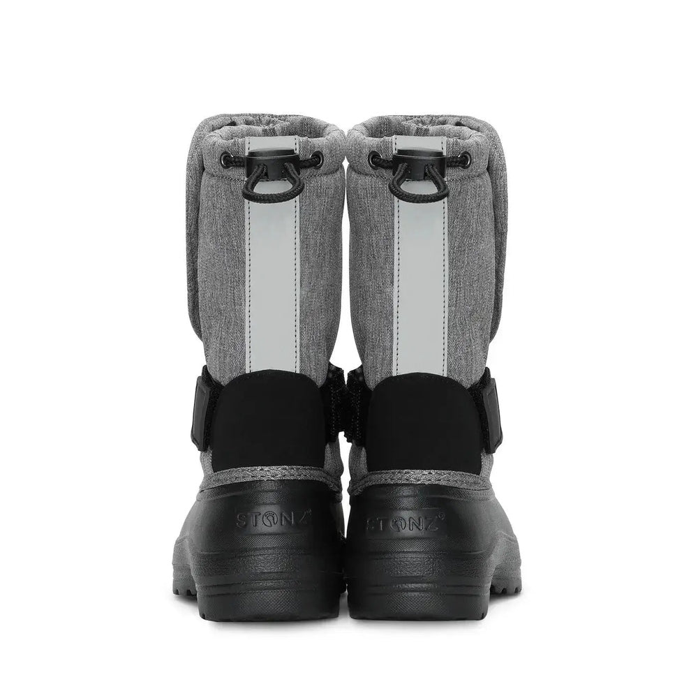 Stonz Trek Kid Snow Boots Heather Grey, pair of two grey kids' boots with black soles, rear view show pull-tabs.