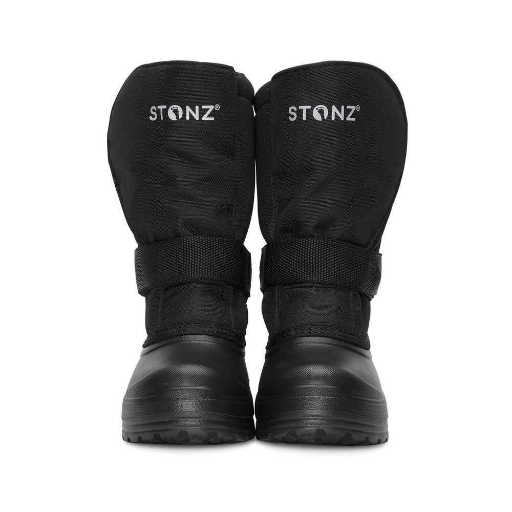 Stonz Trek Kids Snow Boots Black, adjustable straps fasten over a rugged sole for winter warmth.