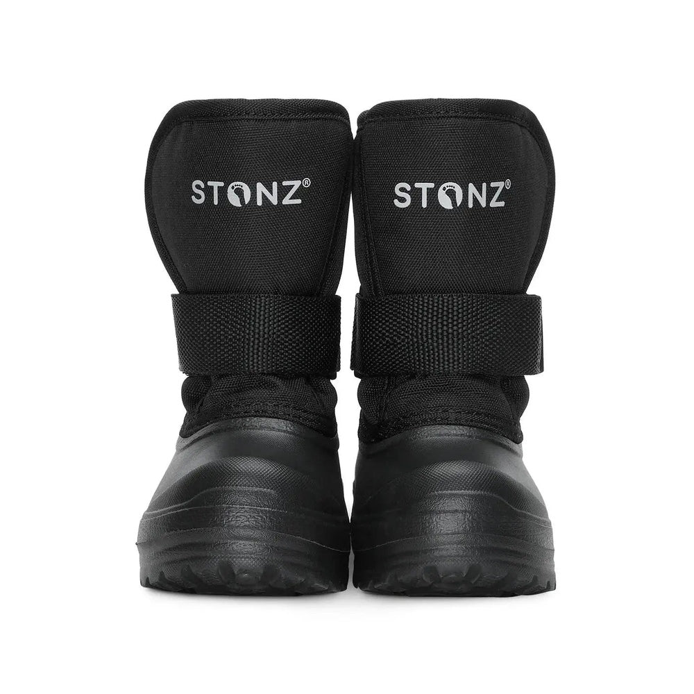 Stonz Trek Toddler Snow Boots Black, front view of a pair with Velcro straps for easy fit