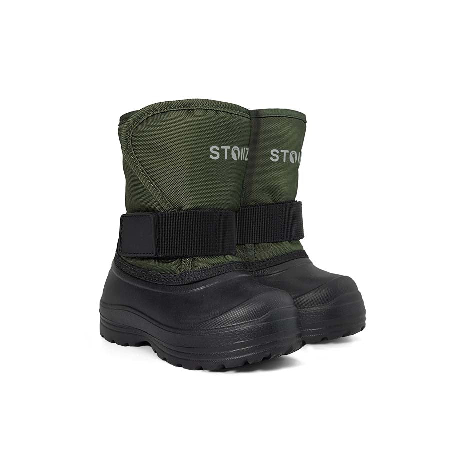 Stonz Trek Toddler Snow Boots Cypress green with black sole and secure strap.