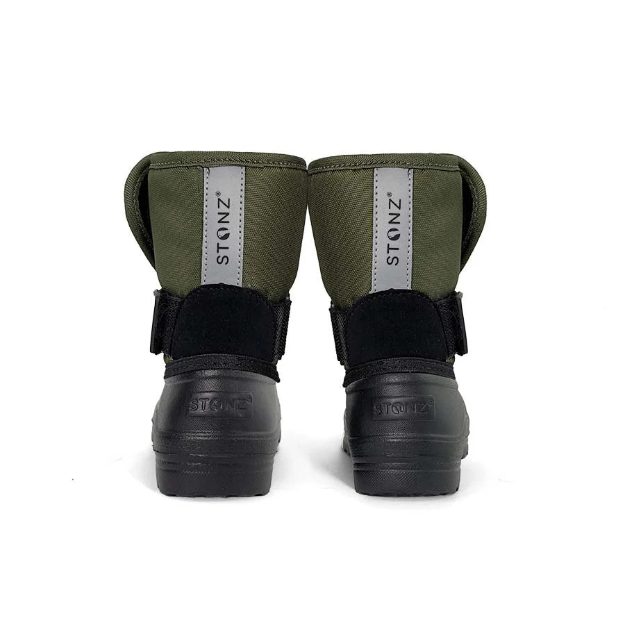 Stonz Trek Toddler Snow Boots Cypress, back view; olive uppers, gray STONZ strap, black rugged soles.