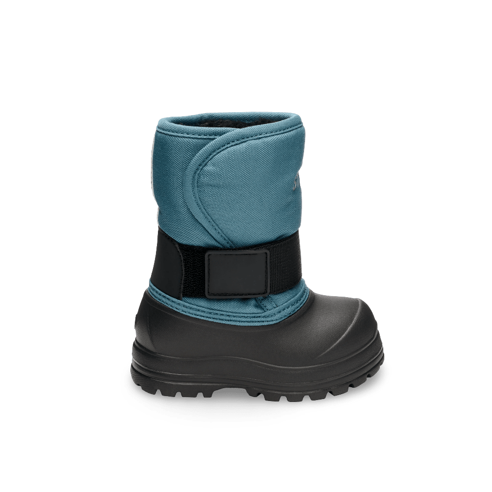 Stonz Trek Toddler Snow Boots Denim in teal with black lug sole and secure strap fastened.
