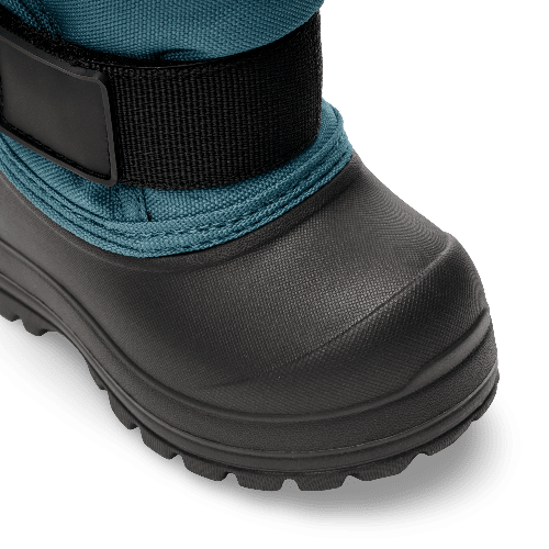 Stonz Trek Toddler Snow Boots Denim in blue denim with black strap and rugged sole.