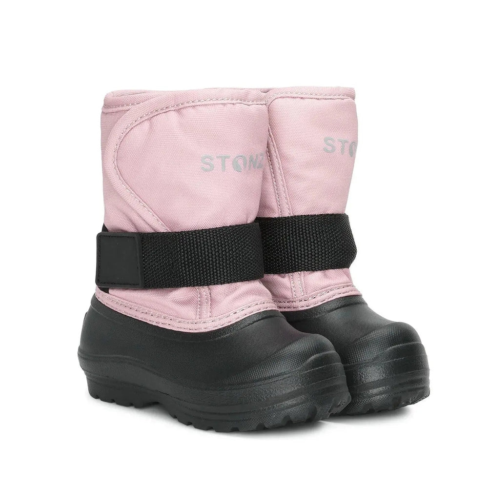 STONZ Trek Toddler Snow Boots Haze Pink; twin pink uppers with black strap and chunky black sole