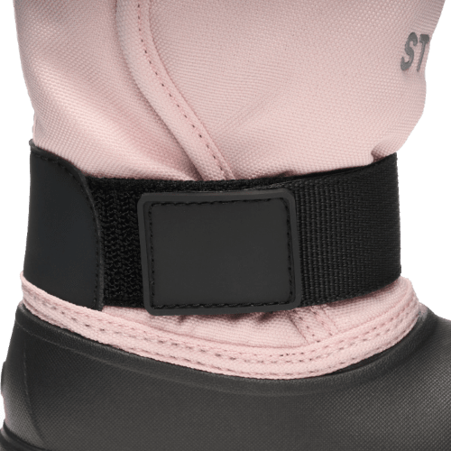 STONZ Trek Toddler Snow Boots Haze Pink featuring a black adjustable ankle strap and rugged sole.